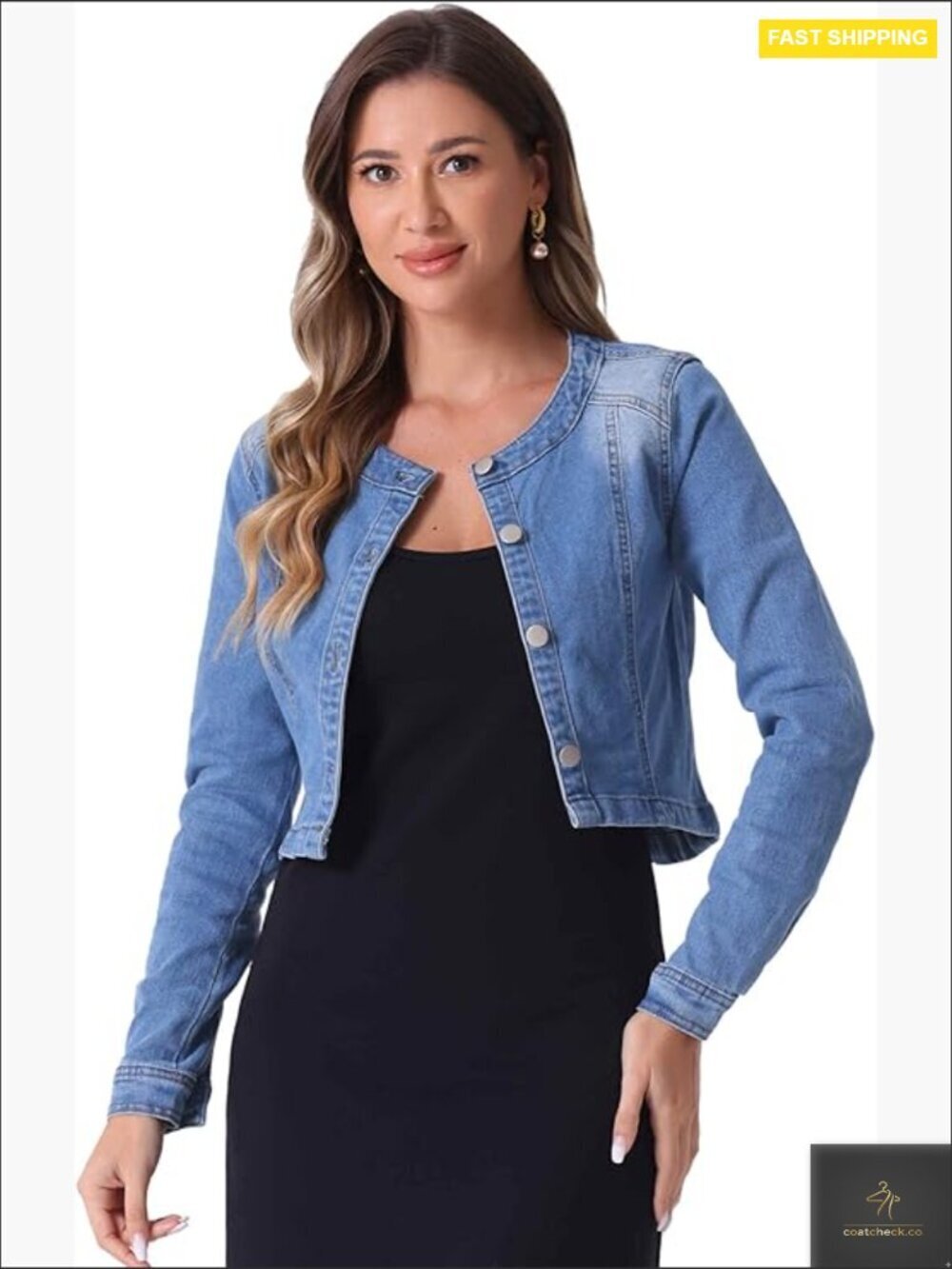Cropped Denim Jacket Collarless Button Down Regular Fit Chic Casual Wear